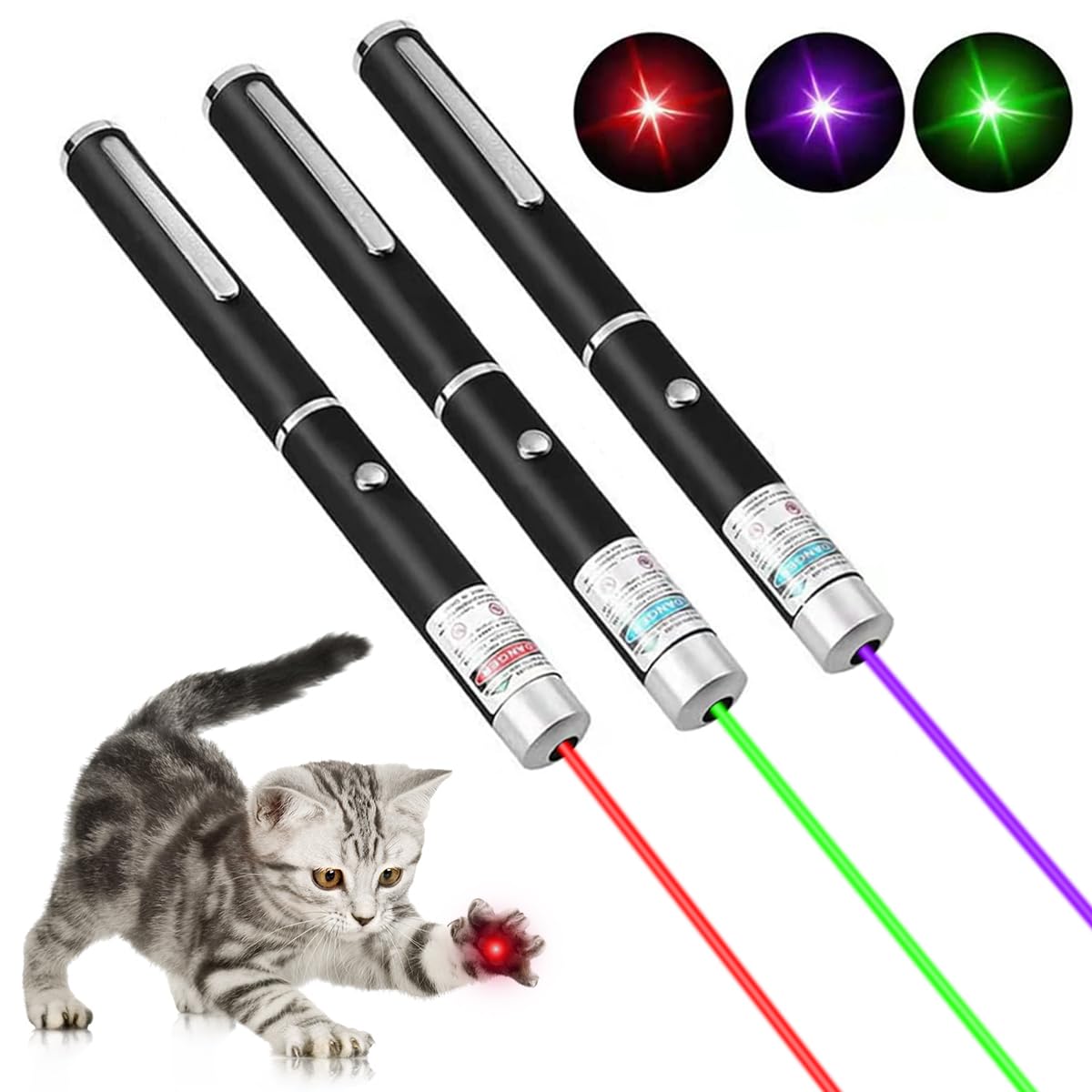 Climberty 3Pcs Laser Light LED Cat Chasing Laser Pointer Pens, Red/Green/Purple Light Dogs Pet Laser Light, Indoor Interactive Chase Cats Lazer Light Pointer Pen (Without Battery) Climberty 3Pcs Laser Light LED Cat Chasing Laser Pointer Pens, Red/Green/Purple Light Dogs Pet Laser Light, Indoor Interactive Chase Cats Lazer Light Pointer Pen (Without Battery)